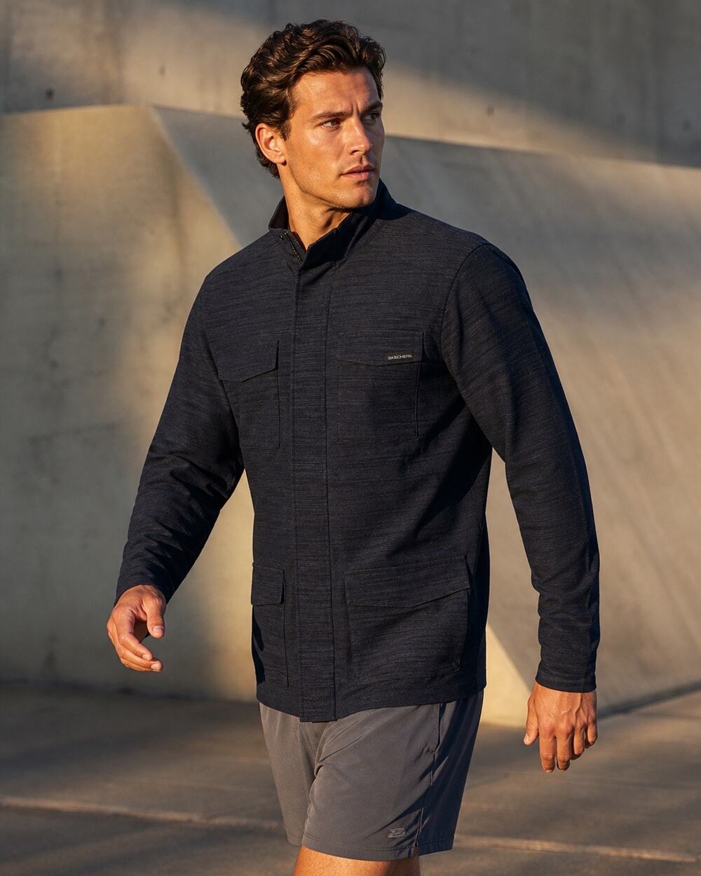 SKECHERS Mens Zip Up Stretch Casual Lightweight Cargo Jacket in Black Heather L